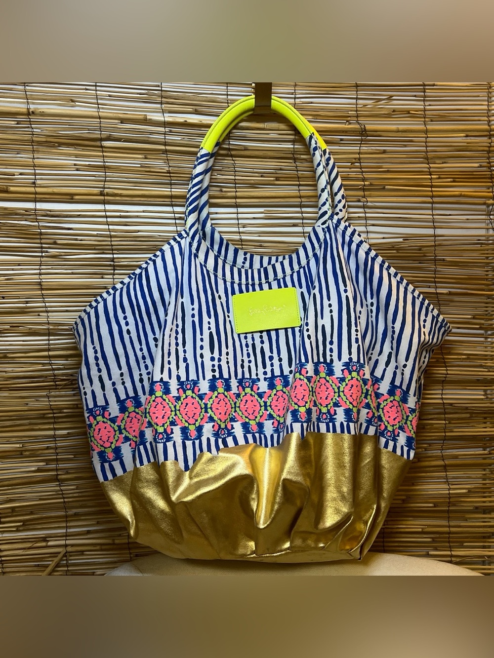 Lilly Pulitzer Navy Stripe Neon Pink turtles  & Gold Hobo Tote